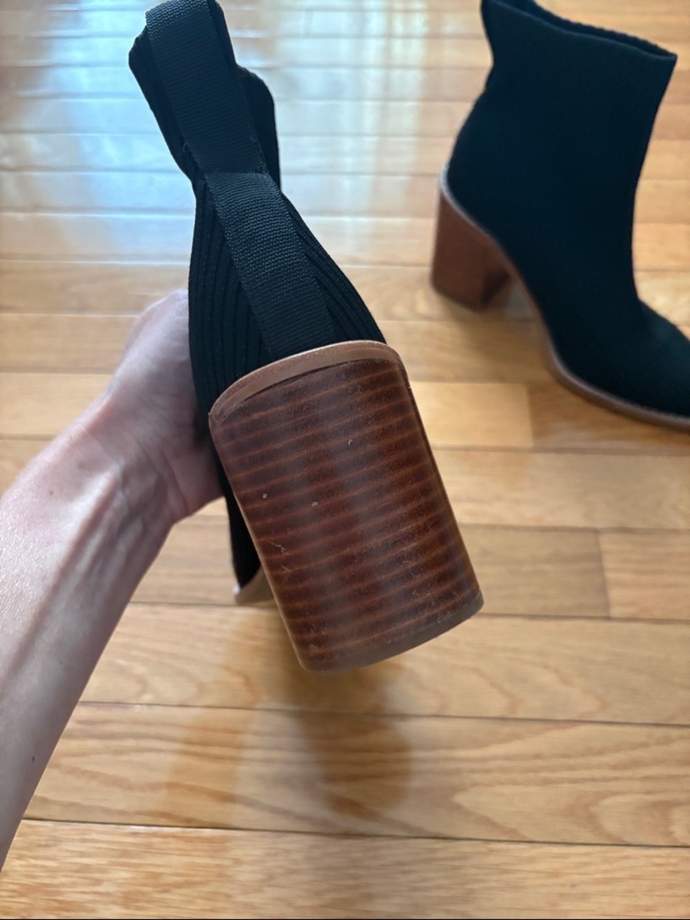 Steven By Steve Madden Black Knit Sock Ankle Boots with Brown Block Heel - Picture 4 of 10